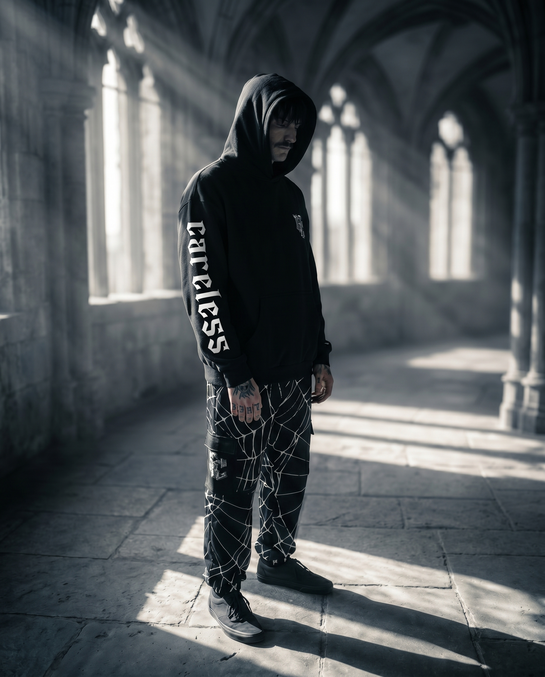 Scorpion King Heavyweight Oversized Hoodie - front view in gothic hall