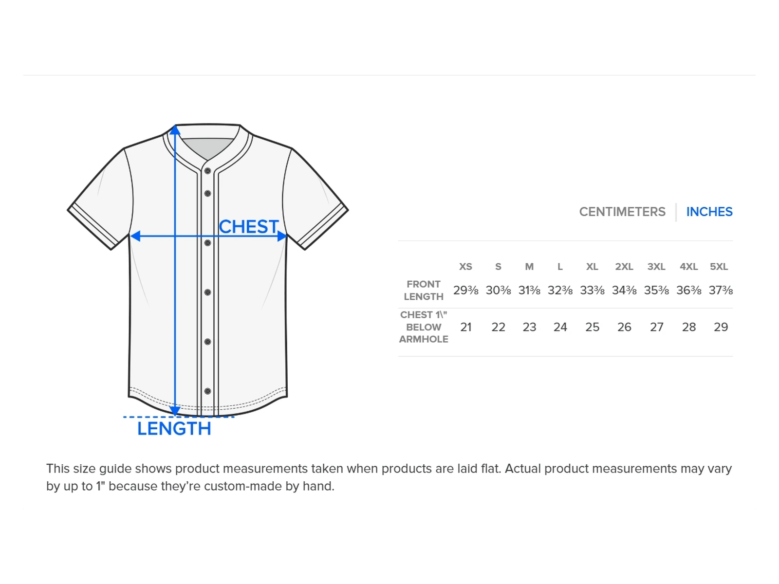 Front length, Chest, 1 in below armhole — Careless Castle Baseball Jersey in inches