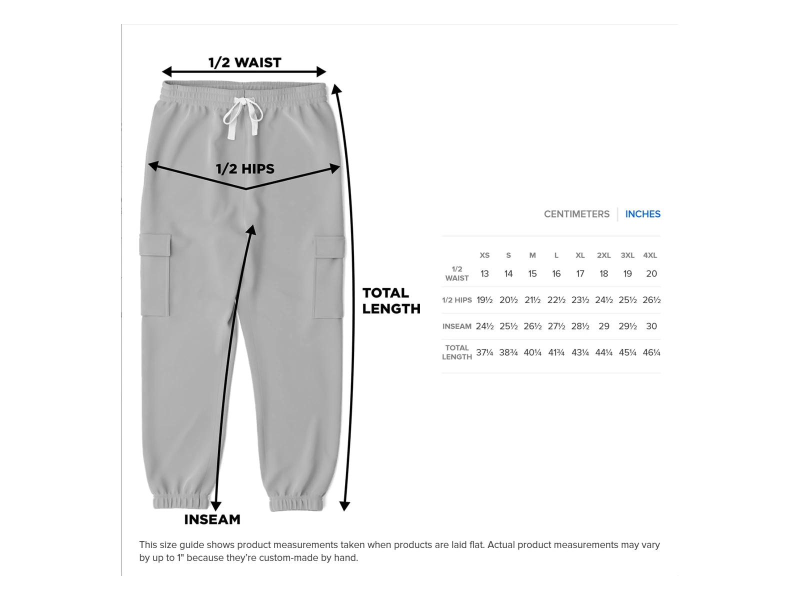 Scorpion King Cargo Sweatpants size chart — inches
