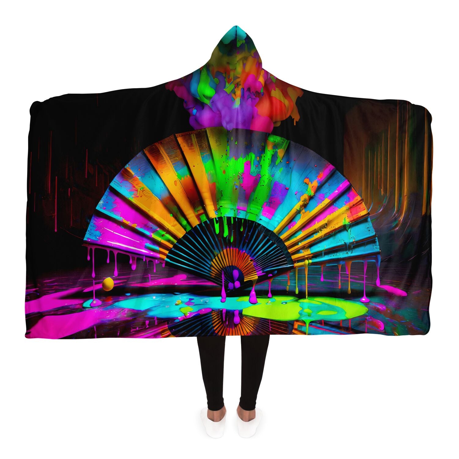 Neon Paint Fan Hooded Blanket, detail view — Colee.One festival apparel