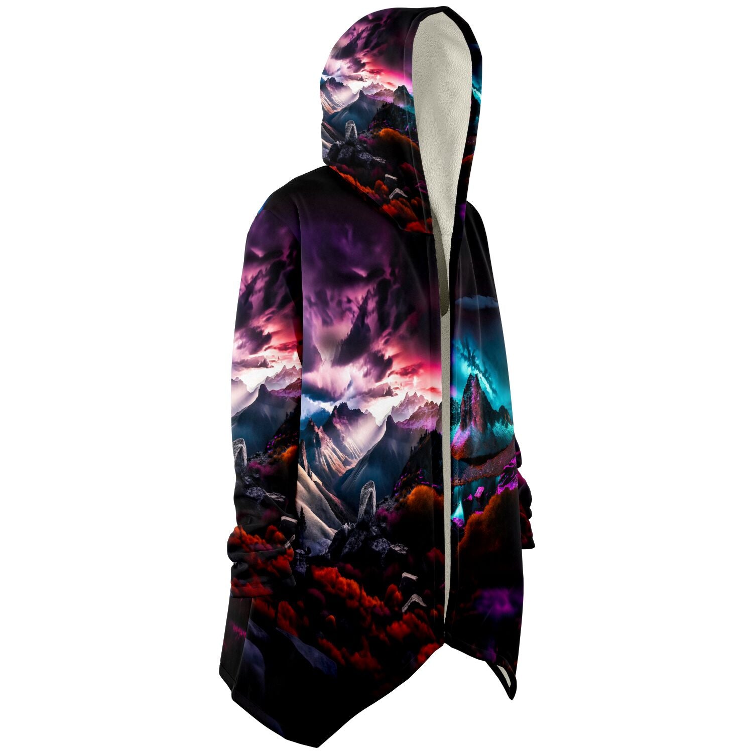 Serene Mountain Scape Micro Fleece Cloak, detail view — Colee.One festival apparel